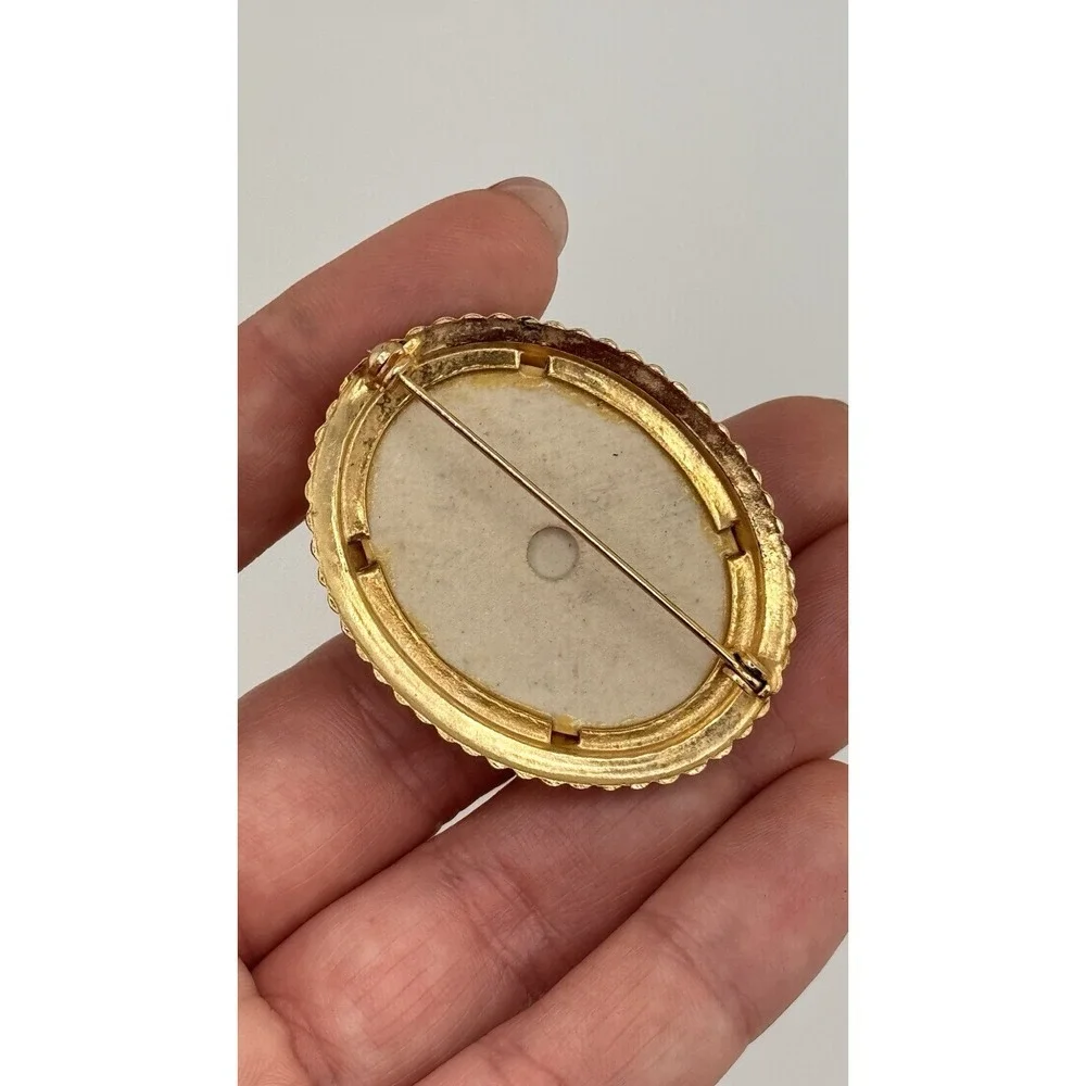 Vintage Porcelain Floral Brooch Gold Tone Oval Hand Painted Flowers